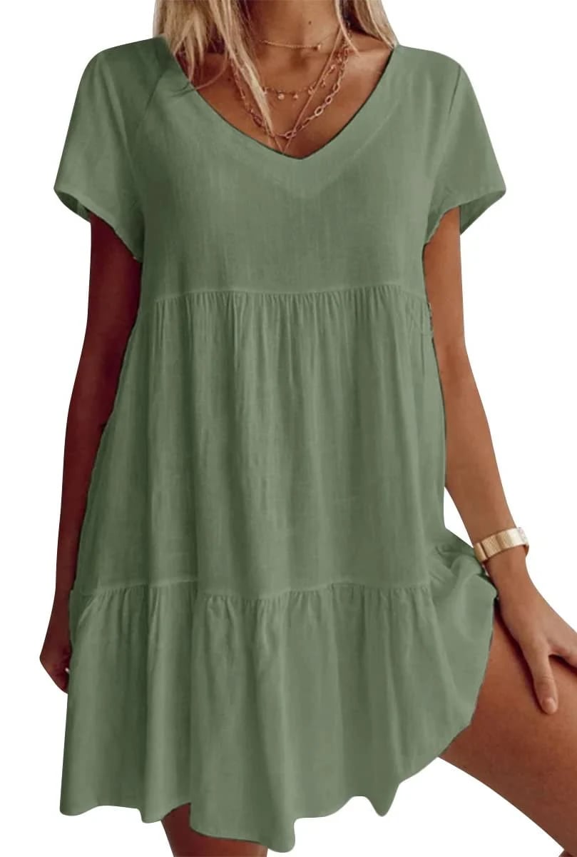 V-Neck Casual Woven Dress with Short Sleeves