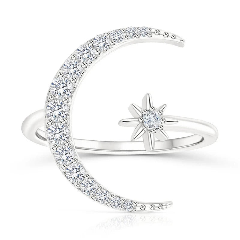 Moon and Stars Ring in Silver