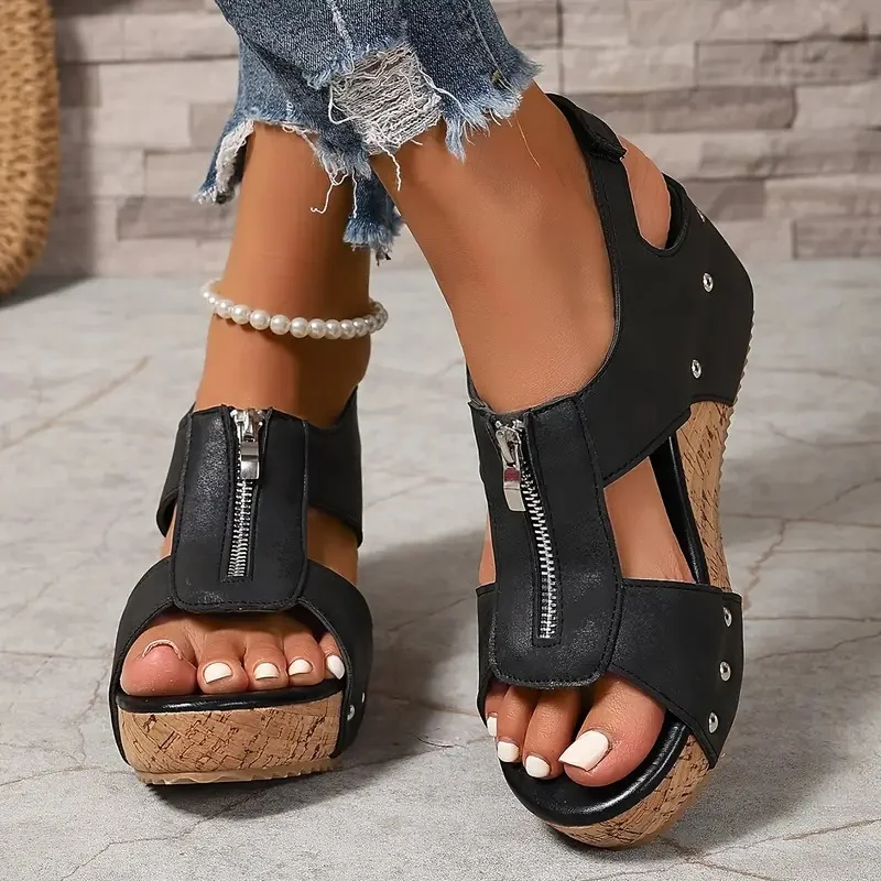 Stylish Retro Wedge Sandals with Zipper