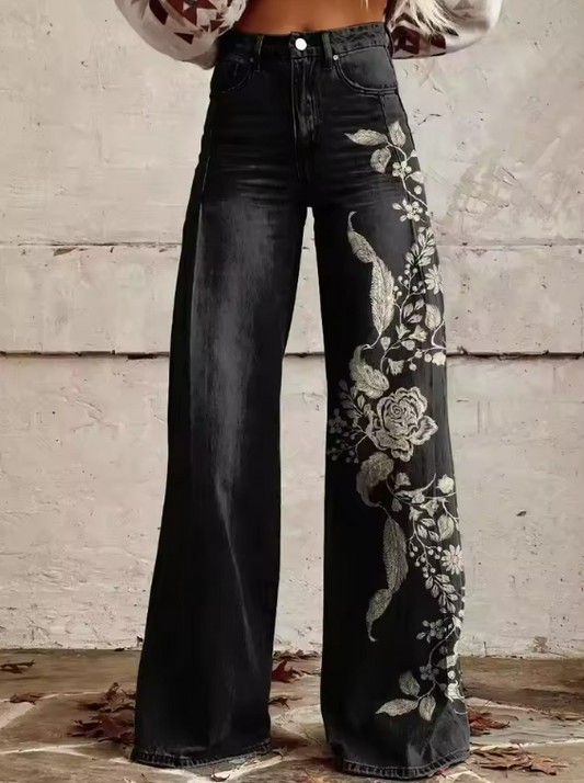 MARTINE | Elegant Vintage Black Floral Trousers