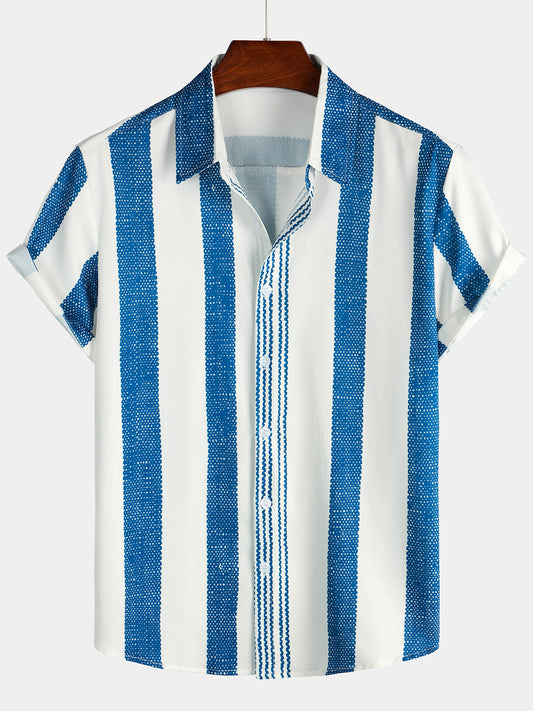 Casual Short-Sleeved Vertical Striped Vintage Blue Shirt for Men