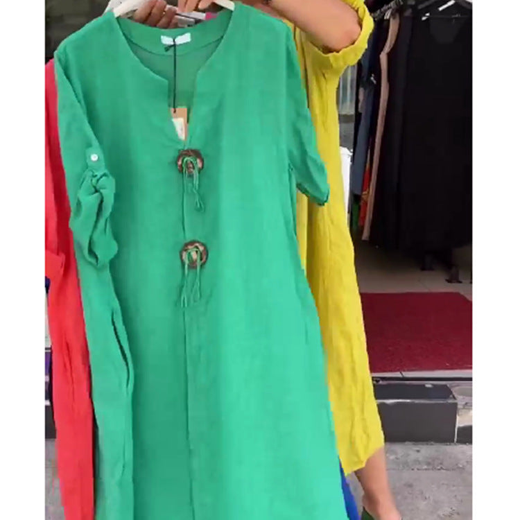 👗✨Casual V-Neck Dress Made of Cotton and Linen