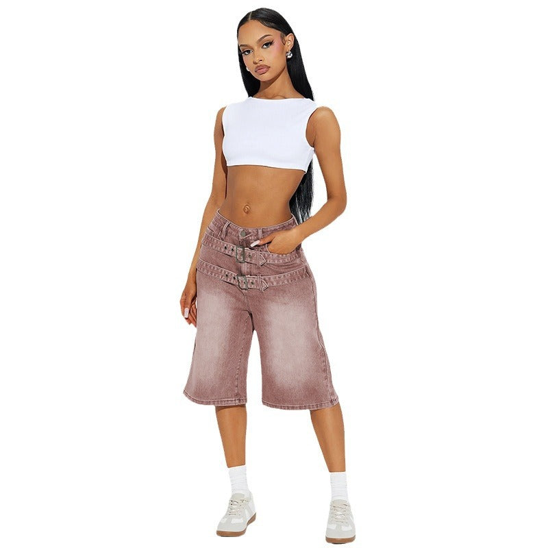 Y2K Double Belt Cropped Jorts