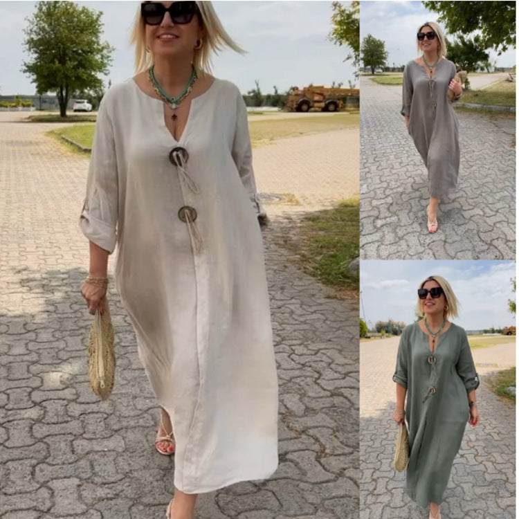 👗✨Casual V-Neck Dress Made of Cotton and Linen