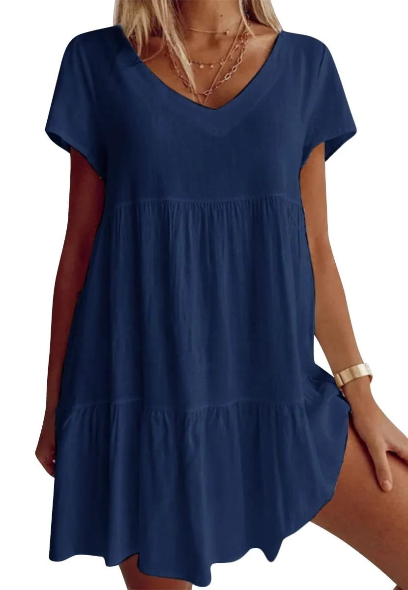 V-Neck Casual Woven Dress with Short Sleeves