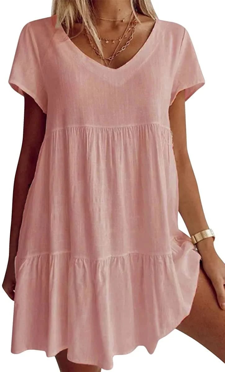 V-Neck Casual Woven Dress with Short Sleeves