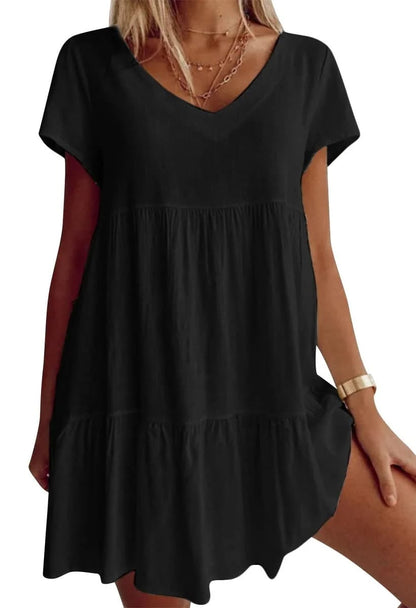 V-Neck Casual Woven Dress with Short Sleeves