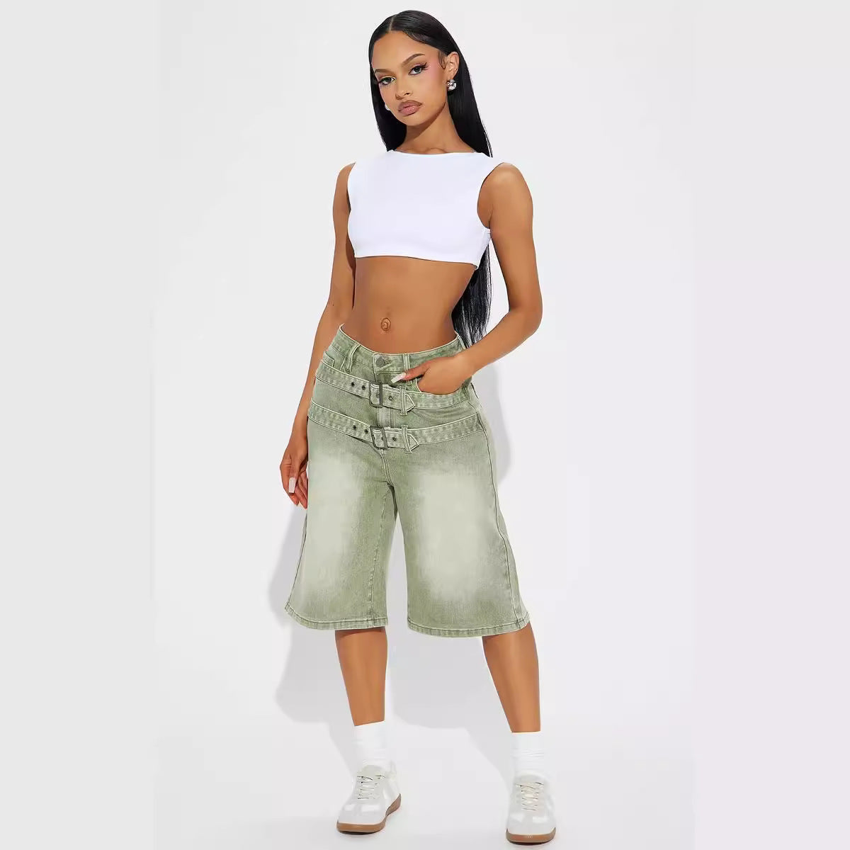 Y2K Double Belt Cropped Jorts