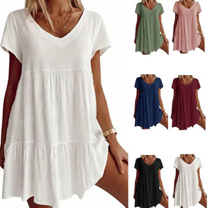 V-Neck Casual Woven Dress with Short Sleeves
