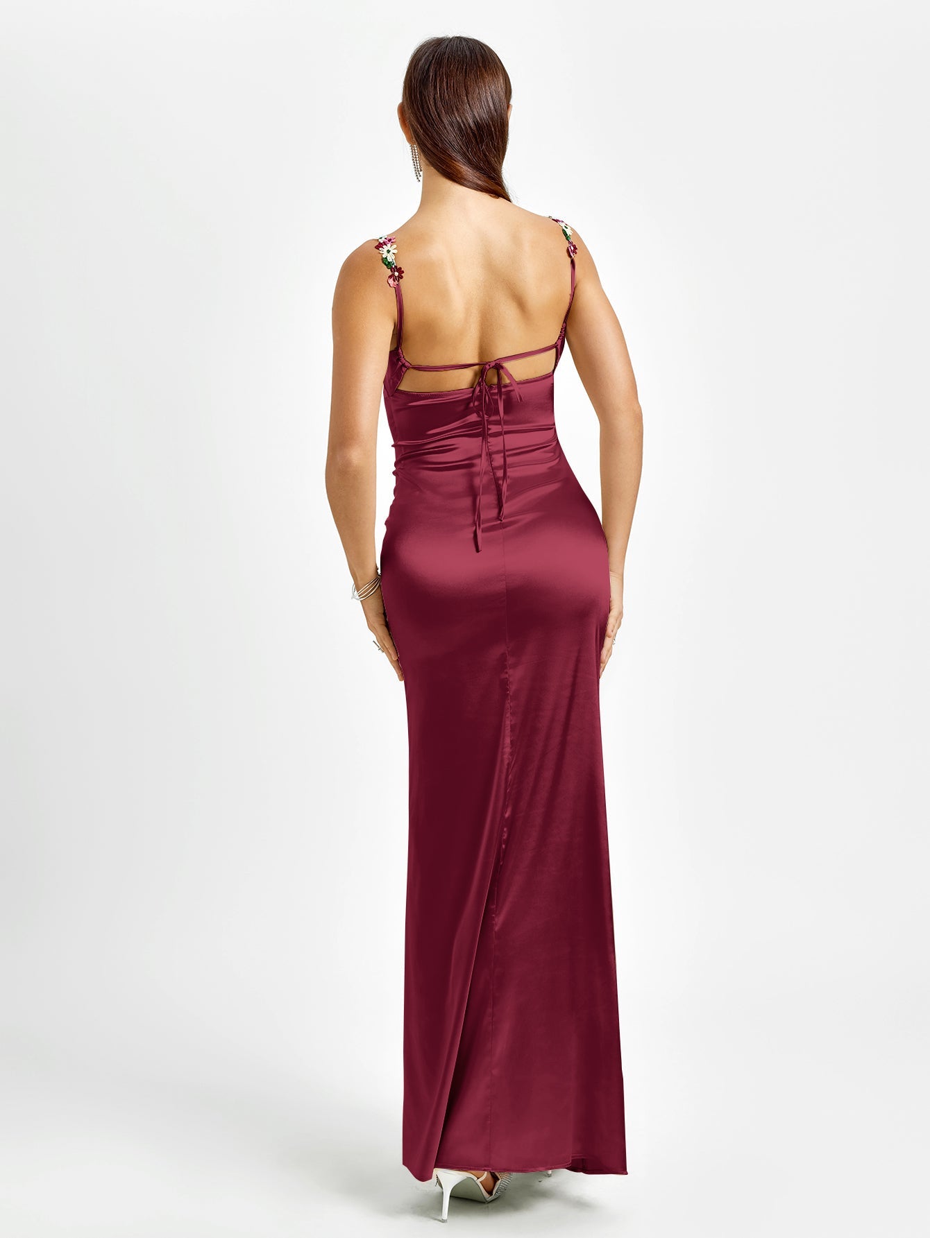 Embellished Strap Tie Back Satin Bodycon Dress
