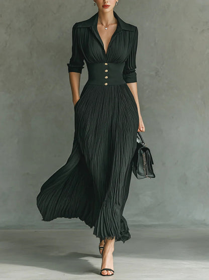 Elvira | Long Pleated Dress with Lapel and High Waist