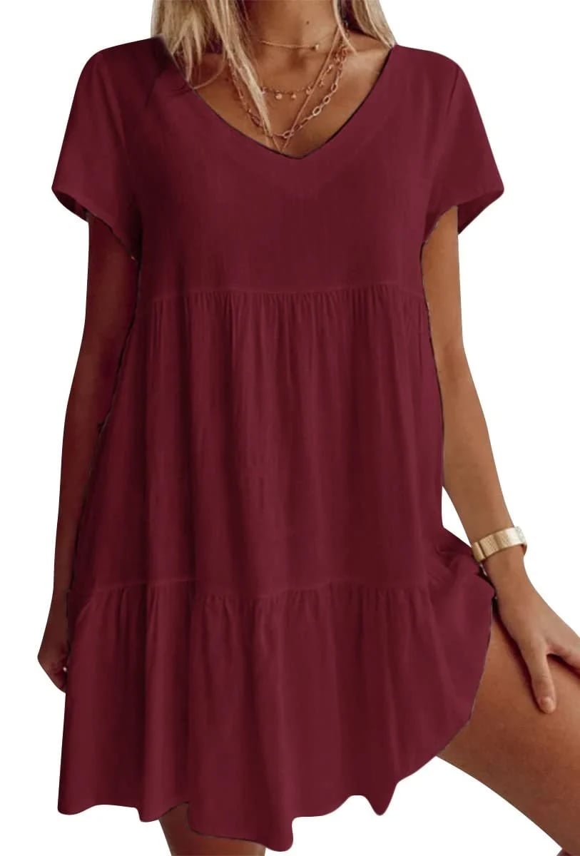 V-Neck Casual Woven Dress with Short Sleeves