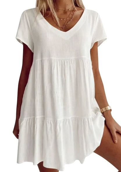 V-Neck Casual Woven Dress with Short Sleeves