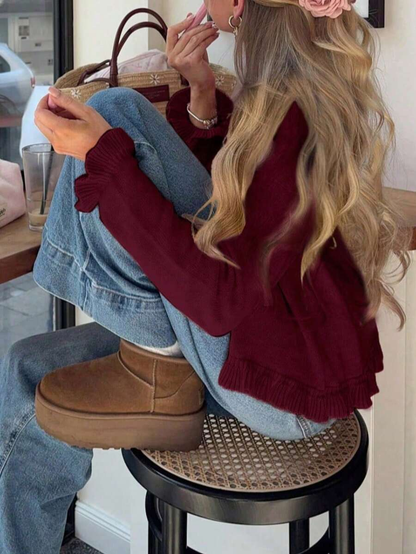 Elara | Cherry Red Ruffle Knit Cardigan