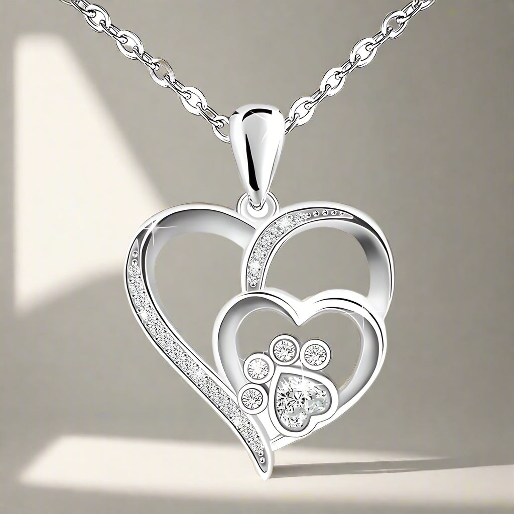 Zahira™ | Silver Necklace Paw Print & Heart with Zirconia Stones