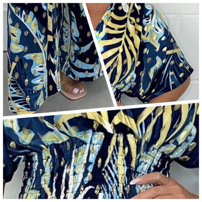 🥻Stylish Summer Jersey, Large Leaf Print, Elastic Waist