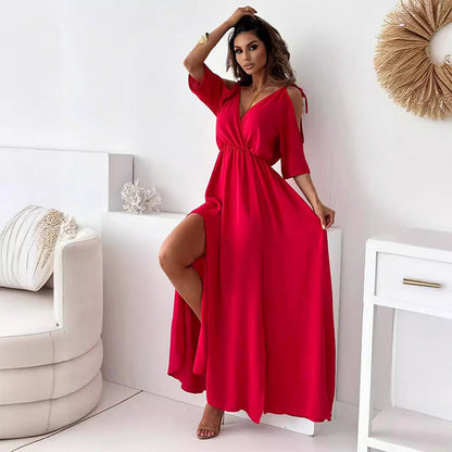 Elegant, Sexy Dress with V-Neck and Side Slit for Women