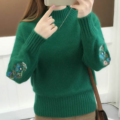 Cashmere Knitted Chunky Sweater with Floral Embroidery