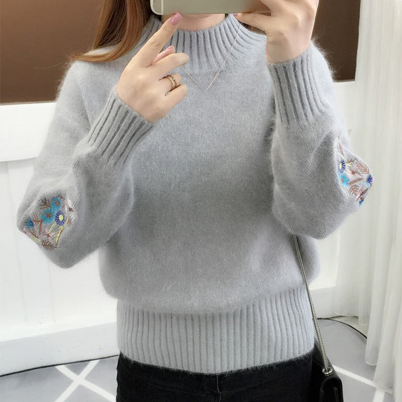 Cashmere Knitted Chunky Sweater with Floral Embroidery