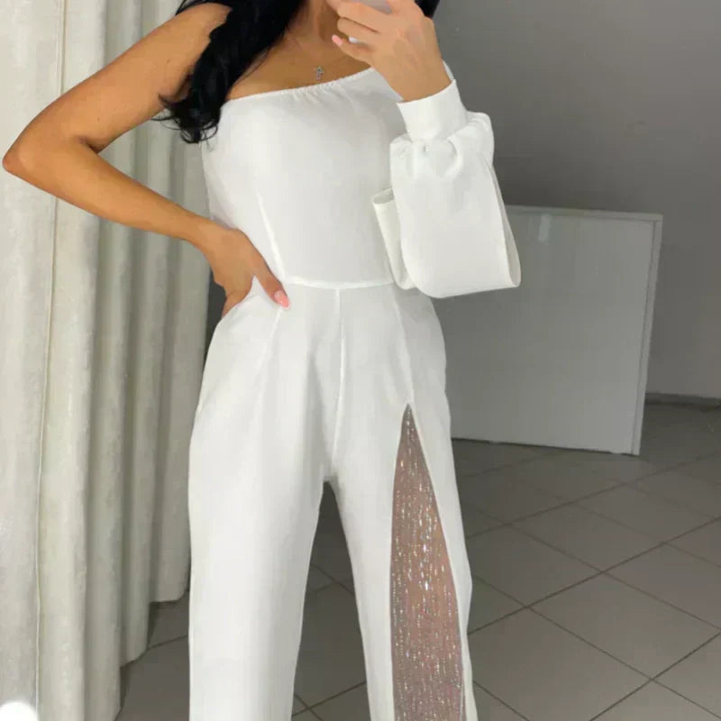 Women's One-Shoulder Jumpsuit in Glittery Mesh with Flared Top