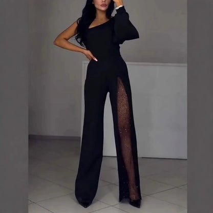 Women's One-Shoulder Jumpsuit in Glittery Mesh with Flared Top