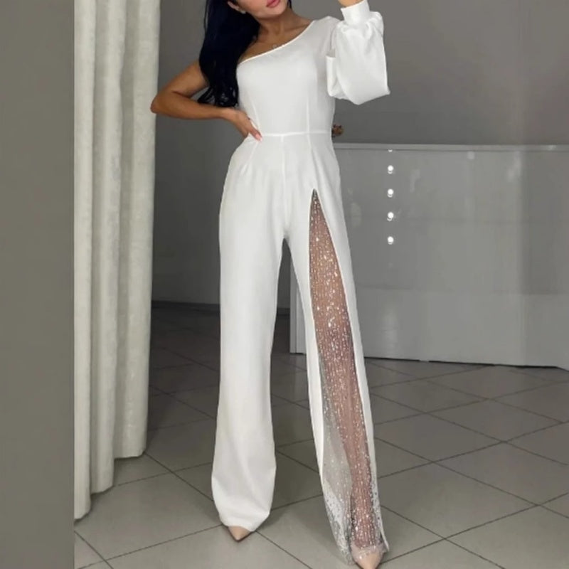 Women's One-Shoulder Jumpsuit in Glittery Mesh with Flared Top