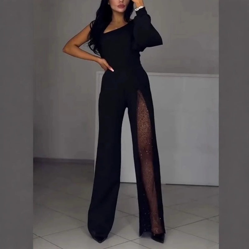 Women's One-Shoulder Jumpsuit in Glittery Mesh with Flared Top