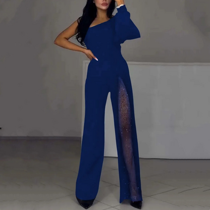 Women's One-Shoulder Jumpsuit in Glittery Mesh with Flared Top