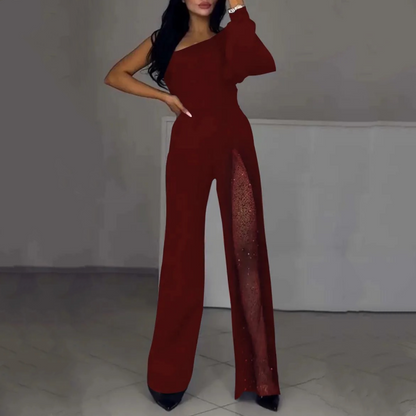 Women's One-Shoulder Jumpsuit in Glittery Mesh with Flared Top