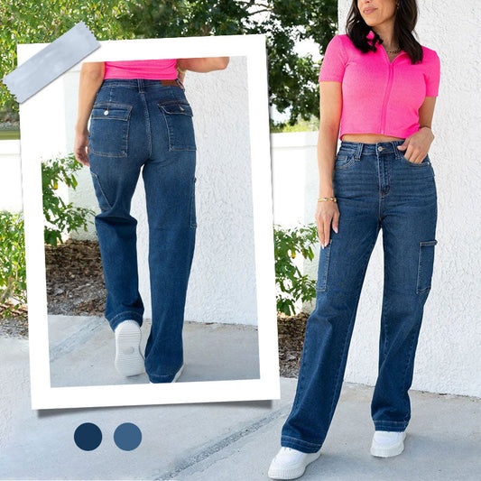 Women's High Waist Wide Leg Cargo Stretch Jeans