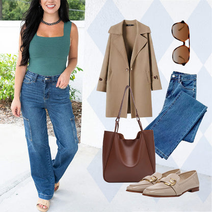 Women's High Waist Wide Leg Cargo Stretch Jeans