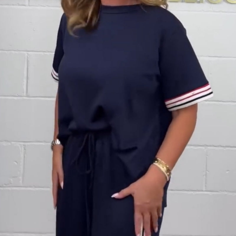 Short-Sleeved Side-Stripe T-Shirt and Wide-Leg Sweatpants