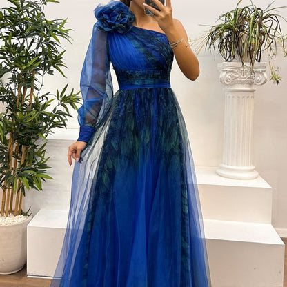 Women's Fashionable Printed Mesh Slant Shoulder Dress