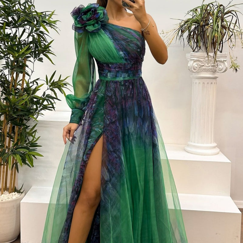 Women's Fashionable Printed Mesh Slant Shoulder Dress