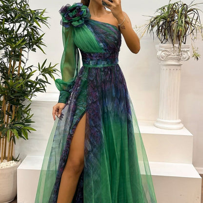 Women's Fashionable Printed Mesh Slant Shoulder Dress