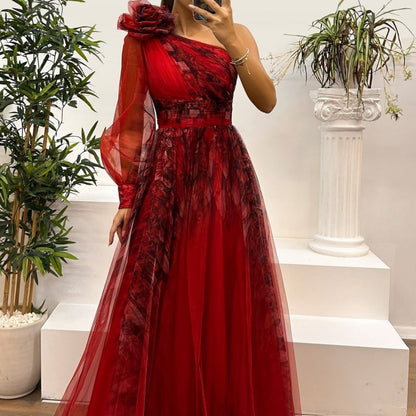 Women's Fashionable Printed Mesh Slant Shoulder Dress